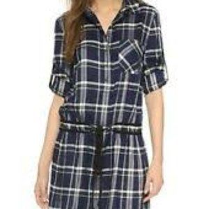 Drawstring plaid print shirt dress